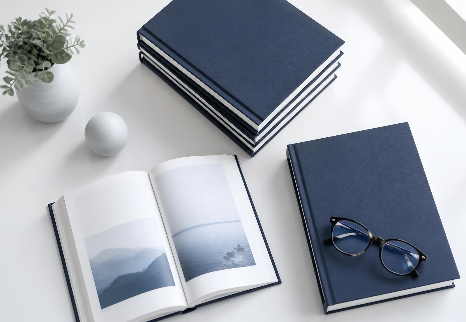 Navy hardcover books and reading glasses on a bright white desk